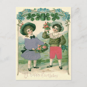 Carte Postale Enfants mignons Roses quatre feuilles Clover