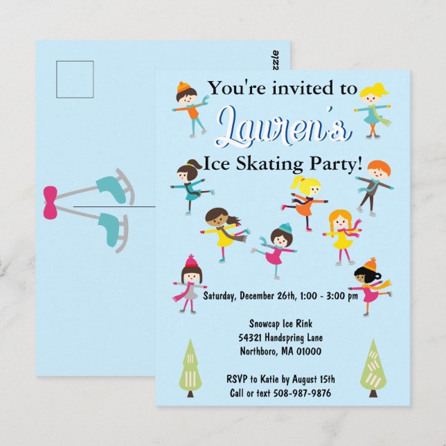 Carte Postale Enfants Patinage sur glace Anniversaire Fête Invit (Devant / Derrière)