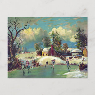 Carte Postale Enfants patinant sur un lac gelé