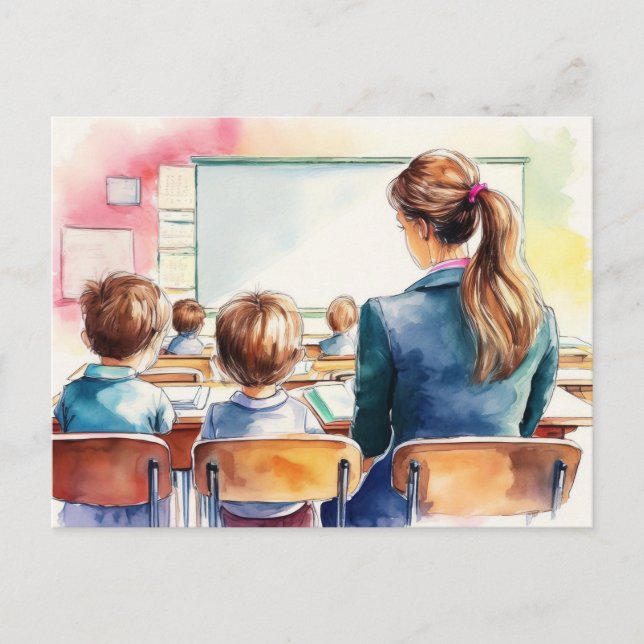 Carte Postale Enfants rentrant à l'école avec l'enseignant (Devant)