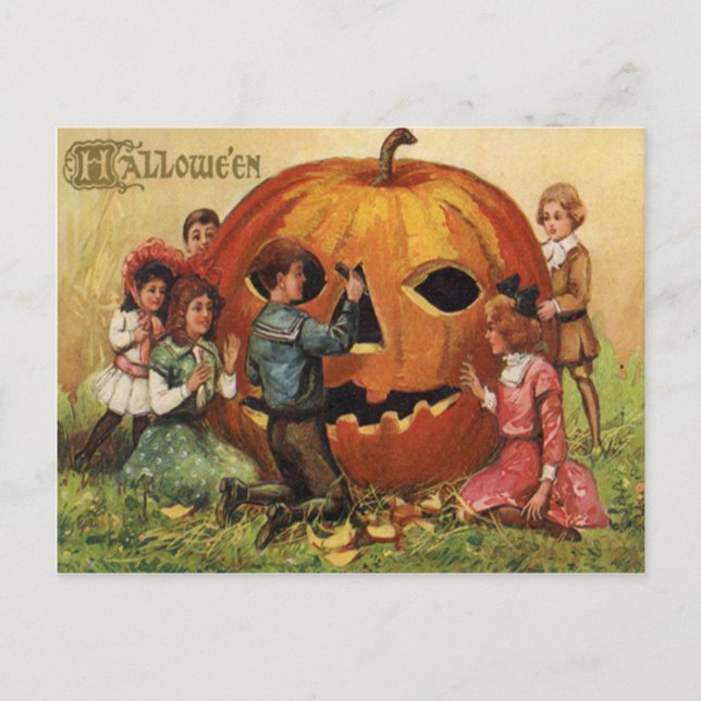 Carte Postale Enfants sculptant une citrouille de Jack O Lantern (Devant)