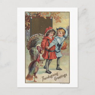 Carte Postale Enfants tenant un Citrouille, Dindons