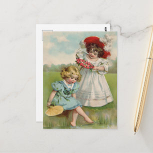 Carte Postale Enfants victoriens Été vintage Filles Jardin