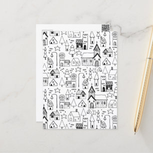 Carte Postale Enfants Village de Noël Whimsical Noir & Blanc Inv