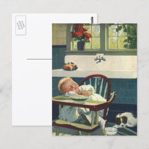 Carte Postale Enfants Vintage, Chaise haute de bébé endormi Cuis