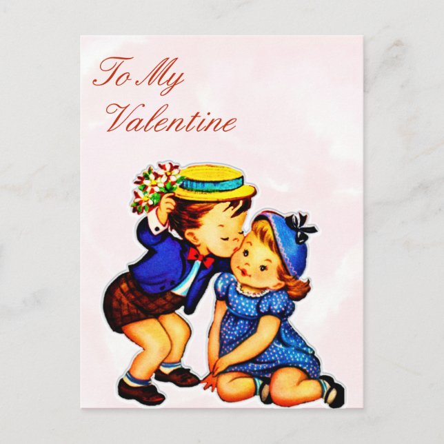 Carte Postale Enfants Vintage embrassant la Saint-Valentin (Devant)