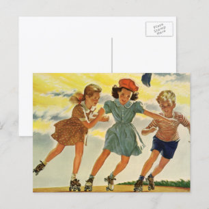 Carte Postale Enfants Vintage, garçons filles patin à roulettes 