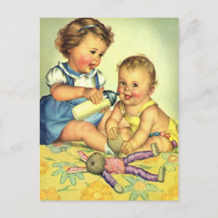 Carte Postale Enfants Vintage, Tout-petits Heureux Sourire Biber