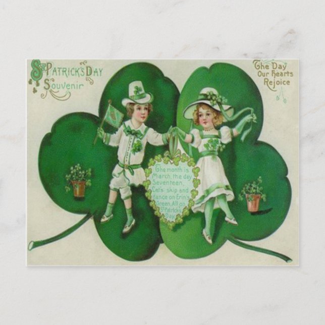 Carte Postale Enfants Vintage Trèfle Souvenir Saint-Patrick (Devant)