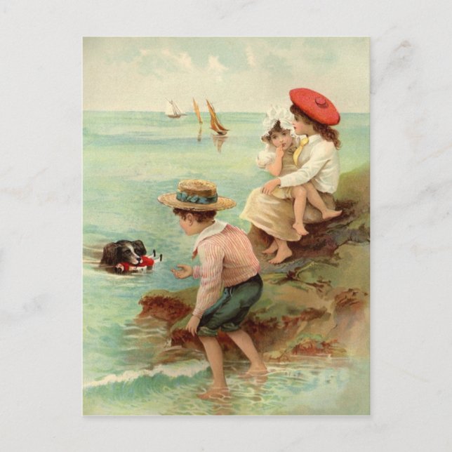 Carte Postale Enfants vintages À La Plage (Devant)