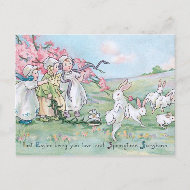 Carte Postale Enfants vintages avec Bunnies Pâques blancs (Devant)