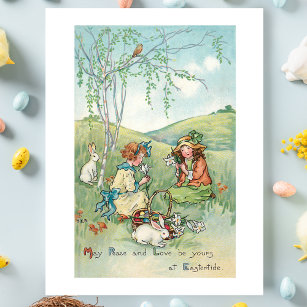 Carte Postale Enfants vintages avec lapins et oeufs de Pâques