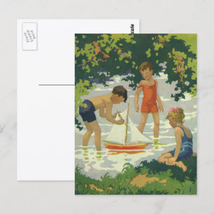 Carte Postale Enfants vintages Jouer Jouet Bateaux à voile Étang