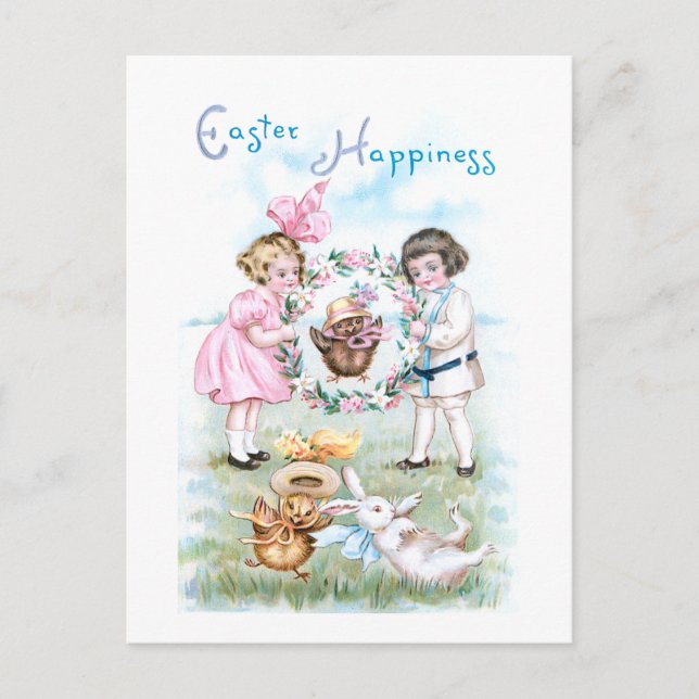 Carte Postale Enfants Vintages, Lapin de Pâques, Poussins (Devant)
