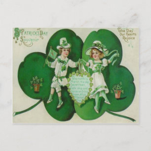 Carte Postale Enfants vintages Souvenir Shamrock St Patrick's