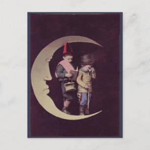 Carte Postale Enfants vintages Sur Une Lune Croissante