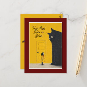 Carte Postale Énorme chat noir & petite fille - couleur/texte pe
