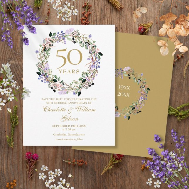 Carte Postale Enregistrement de date pour un 50e anniversaire de (Floral 50th Wedding Anniversary Save the Date Postcard)