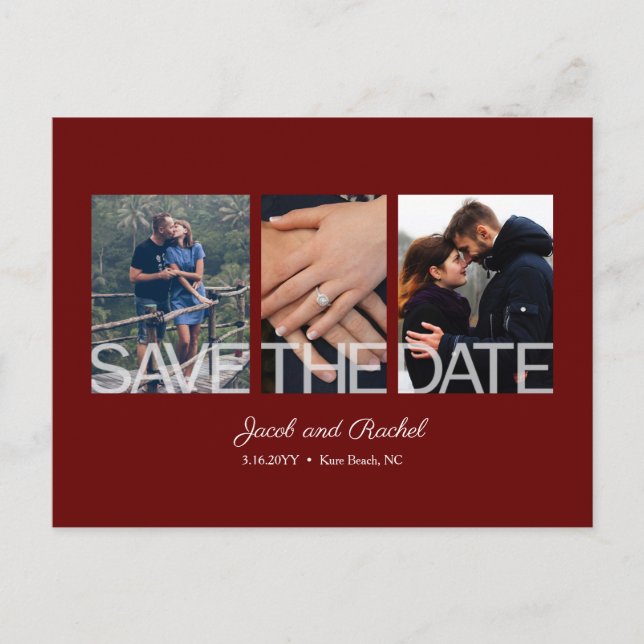 Carte Postale Enregistrer la date 3-Photo Collage Mariage rouge  (Devant)