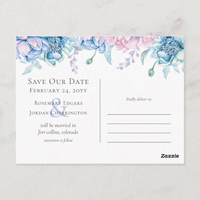 Carte Postale Enregistrer La Date Aquarelle Floral Mariage 3-Pho (Dos)