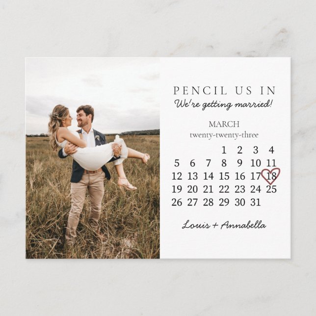 Carte Postale Enregistrer la date Calendrier Coeur Rose Mars 202 (Devant)