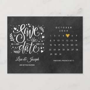 Carte Postale Enregistrer la date Calendrier Gold Love Heart Cha