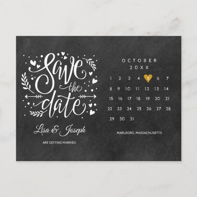 Carte Postale Enregistrer la date Calendrier Gold Love Heart Cha (Devant)