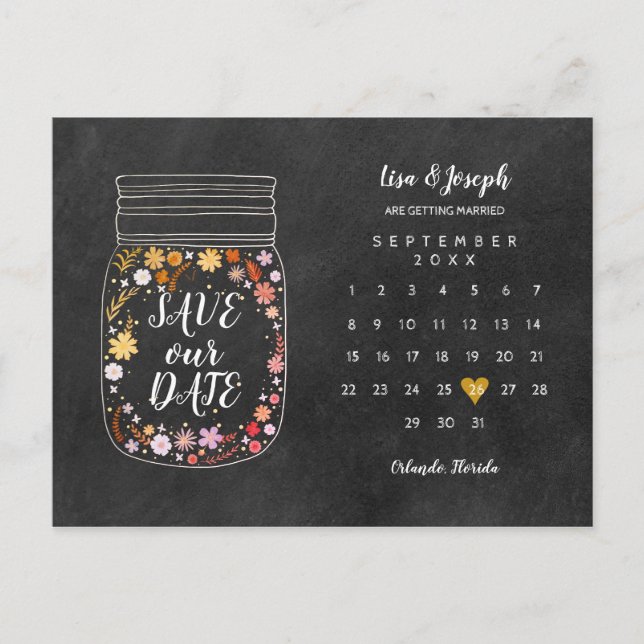 Carte Postale Enregistrer la date Calendrier Heart Mason Jar Cha (Devant)