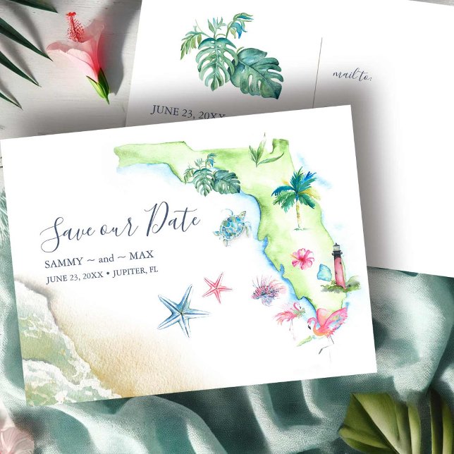 Carte Postale Enregistrer la date Destination Mariage Florida Ca (save the date postcards features Florida map destination wedding art by Victoria Grigaliunas)