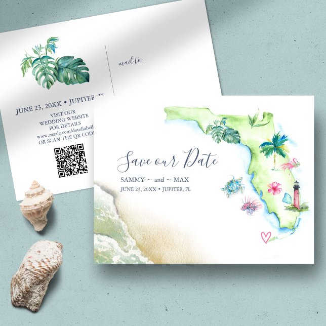 Carte Postale Enregistrer la date Destination Mariage Floride Ca (Destination wedding invitation with QR code tropical watercolor Florida map by Victoria Grigaliunas)