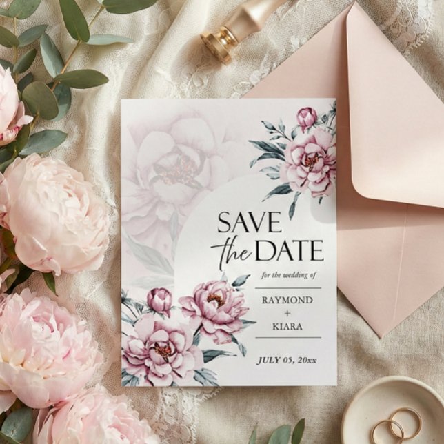 Carte Postale Enregistrer La Date Faire-part de mariage Dusky Pi (watercolor pink peony save the date postcard in modern script calligraphy)