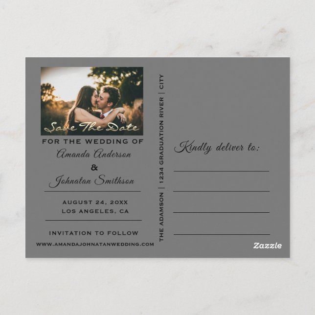 Carte Postale Enregistrer La Date Golden Script Photo Black Whit (Dos)