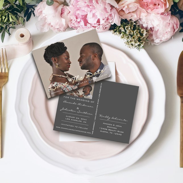 Carte Postale Enregistrer la date Golden Script Photo Grey Gris (Créateur téléchargé)