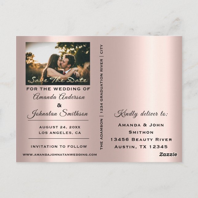 Carte Postale Enregistrer La Date Golden Script Photo Rose Blush (Dos)