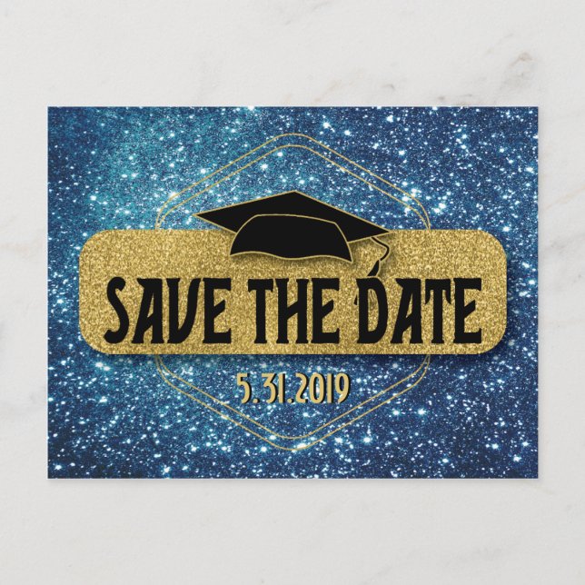 Carte Postale Enregistrer La Date Graduation Gold Blue Grad Casq (Devant)