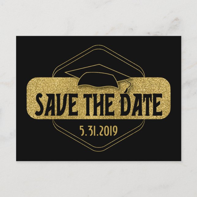 Carte Postale Enregistrer La Date Graduation Modern Black Gold (Devant)