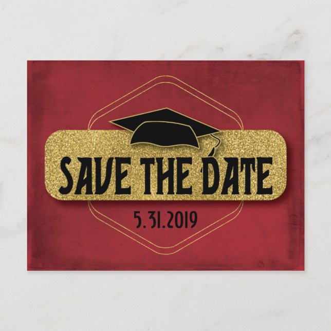 Carte Postale Enregistrer La Date Graduation Modern Red Gold (Devant)