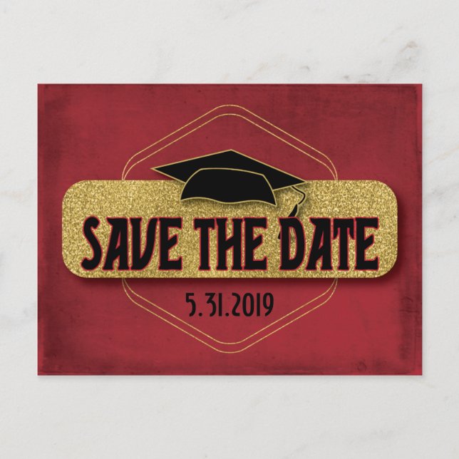 Carte Postale Enregistrer La Date Graduation Modern Red Gold (Devant)