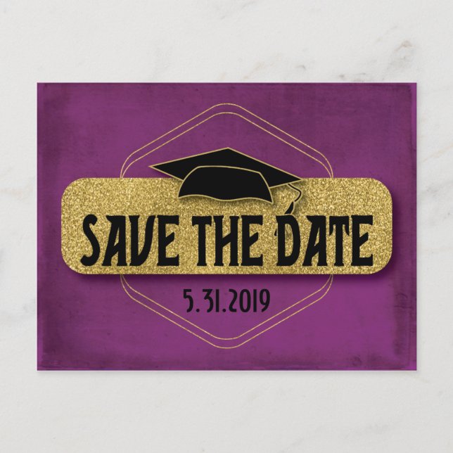 Carte Postale Enregistrer La Date Graduation Moderne Purple Gold (Devant)