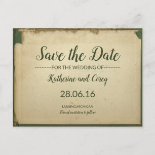 Carte Postale Enregistrer La Date Parchemin Mariage Vert & Beige