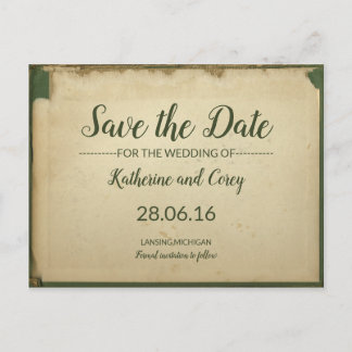 Carte Postale Enregistrer La Date Parchemin Mariage Vert & Beige