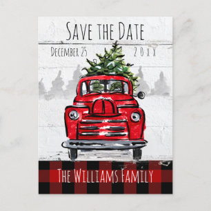 Carte Postale Enregistrer la date Retro Red Truck and Tree Postc