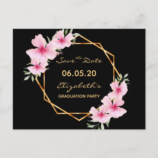 Carte Postale Enregistrer la graduation Date Floraux rose noir (Devant)