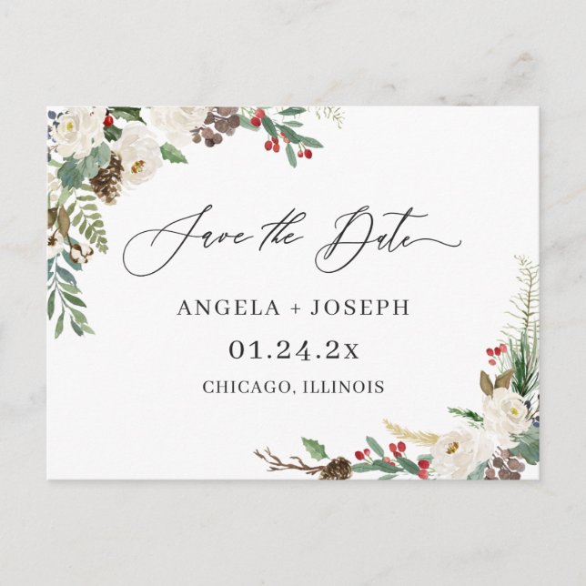 Carte Postale Enregistrer le script de date Rustic Winter Floral (Devant)
