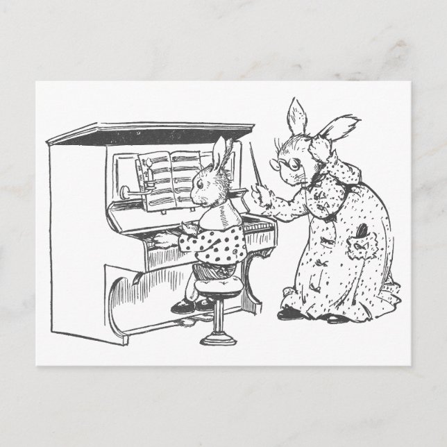 Carte Postale Enseignant de piano Bunny et son élève (Devant)