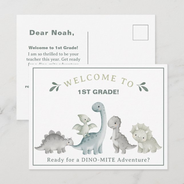 Carte Postale Enseignant dinosaure mignon Bienvenue en CP (Devant / Derrière)