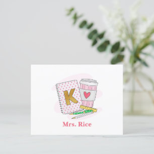 Carte Postale Enseignant maternelle Pink Dot Preppy Livre Café
