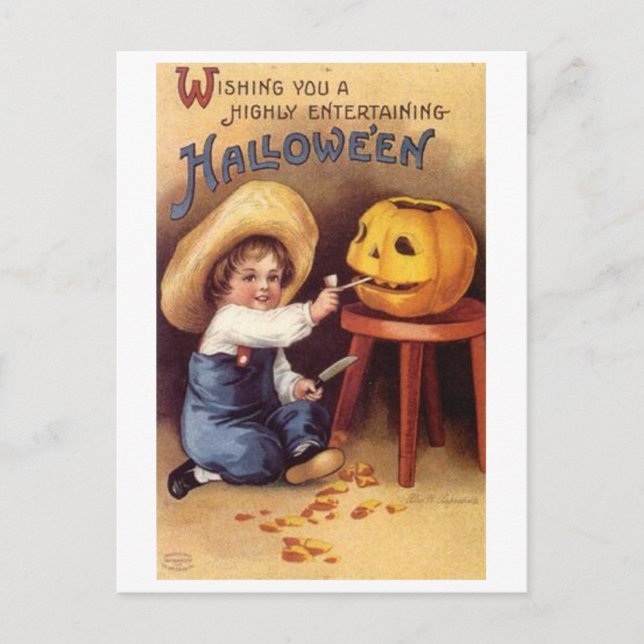 Carte Postale Entertaining Halloween Boy Carving Pumpkin (Devant)