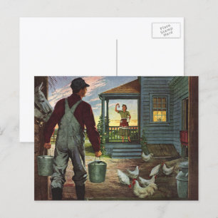 Carte Postale Entreprise Vintage, Ferme avec agriculteur et poul