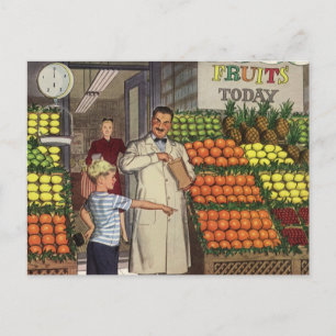 Carte Postale Entreprise vintage, stand de fruits avec Grocer et